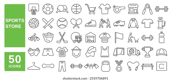 Set of 50 line icons related to sports store, apparel, retail, equipments, shop, football, tennis, basket, baseball, fitness, clothes, Editable stroke. Vector illustration