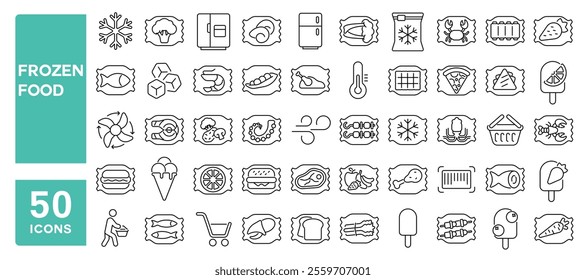 Set of 50 line icons related to frozen food, bag, meat, plastic, vegetables, fish, fruits, market, refrigerator, product, freeze, Editable stroke. Vector illustration