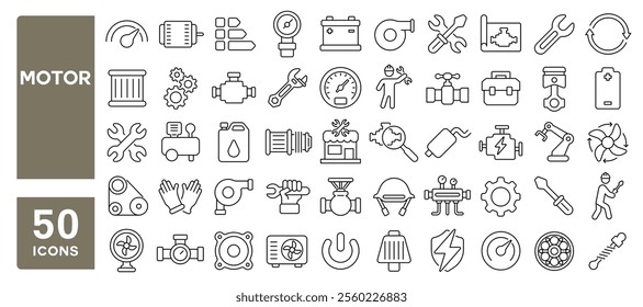 Set of 50 line icons related to motor, electric, automotive, spare, repair, machinery, turbine, gear, compressor, engine, Editable stroke. Vector illustration