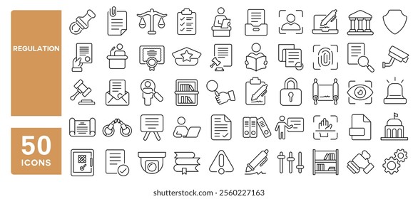 Set of 50 line icons related to regulation, system, law, corporate, agreement, rules, assurance, compliance, guidelines, Editable stroke. Vector illustration