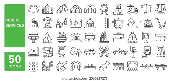 Set of 50 line icons related to public services, society, road, electricity, power, transportation, emergency, garden, housing, market, urban, Editable stroke. Vector illustration