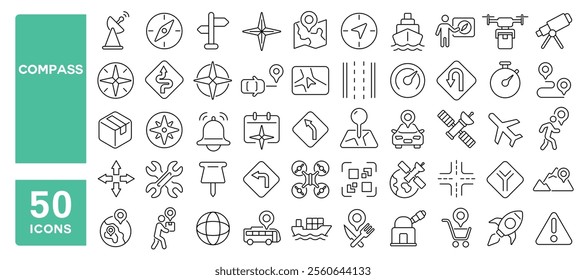 Set of 50 line icons related to compass, navigation, arrow, traffic, way, location, direction, pointer, route, destination, Editable stroke. Vector illustration