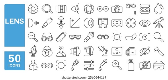 Set of 50 line icons related to lens, eye, glasses, zoom, camera, lenses, photo, optical, observe, sight, Editable stroke. Vector illustration