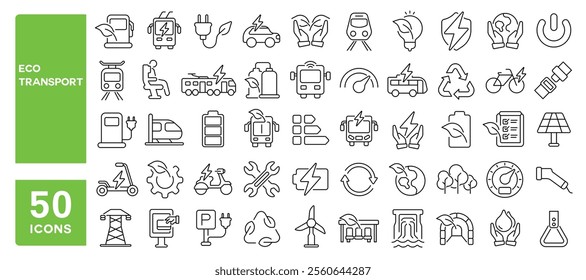 Set of 50 line icons related to eco transport, vehicle, sustainability, bus, car, bike, train, ecology, friendly, charge, green, transportation, Editable stroke. Vector illustration