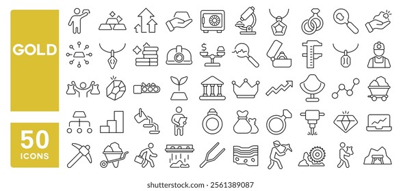 Set of 50 line icons related to gold, bars, mine, ingot, melt, dig, jewel, bullion, value, wealth, Editable stroke. Vector illustration