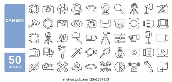 Set of 50 line icons related to camera, video, news, photo, capture, studio, tripod, record, photography, Editable stroke. Vector illustration