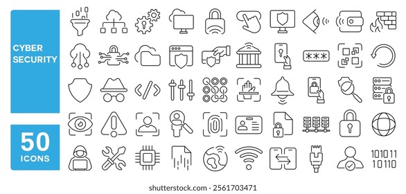 Set of 50 line icons related to cyber security, safety, website, data, protection, network, code, defense, encryption, Editable stroke. Vector illustration