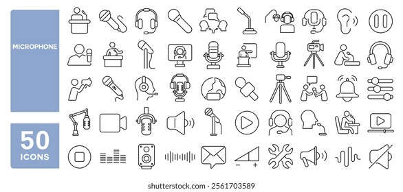 Set of 50 line icons related to microphone, megaphone, podcast, record, broadcast, studio, sound, mic, Editable stroke. Vector illustration