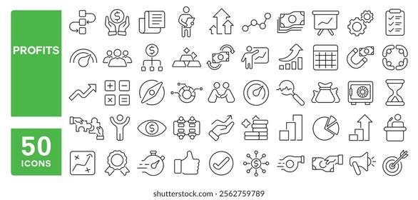 Set of 50 line icons related to profits, earnings, chart, business, report, statistics, finance, growth, increase, Editable stroke. Vector illustration