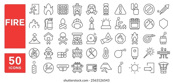 Set of 50 line icons related to fire, flame, lighter, campfire, stove, lantern, bonfire, fireproof, torch, match, Editable stroke. Vector illustration