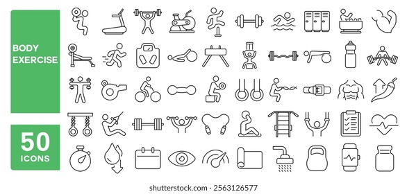 Set of 50 line icons related to body exercise, muscle, strength, training, fitness, cardio, workout, coach, cycle, Editable stroke. Vector illustration