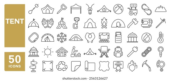 Set of 50 line icons related to tent, marquee, camp, event, roof, hike, outdoor, travel, carabiner, canopy, Editable stroke. Vector illustration
