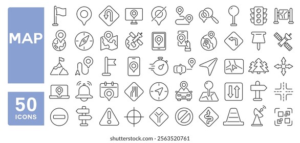 Set of 50 line icons related to map, location, path, navigation, geography, marker, satellite, compass, here, Editable stroke. Vector illustration