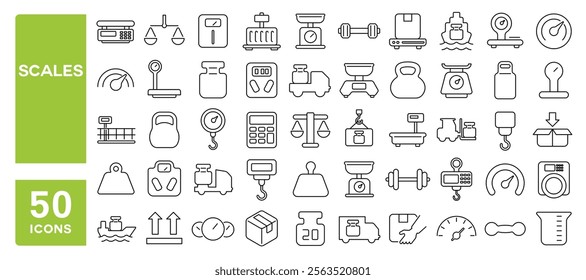 Set of 50 line icons related to scales, weight, scale, measure, electronic, arrow, kilogram, size, volume, gauge, Editable stroke. Vector illustration