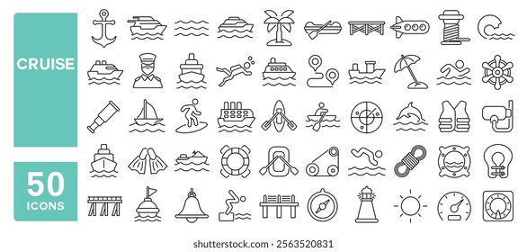 Set of 50 line icons related to cruise, boat, ship, trip, ferry, yacht, marine, sail, tourism, vessel, Editable stroke. Vector illustration