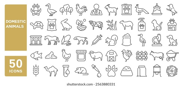 Set of 50 line icons related to domestic animals, rooster, rabbit, goose, cat, cow, dog, sheep, turkey, turtle, camel, horse, Editable stroke. Vector illustration