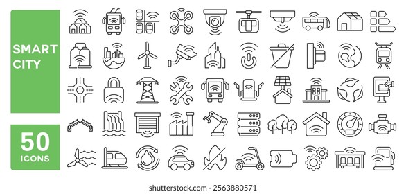 Set of 50 line icons related to smart city, eco, town, tech, digital, urban, efficiency, network, communication, sustainable, wireless, infrastructure, Editable stroke. Vector illustration