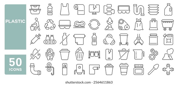 Set of 50 line icons related to plastic, package, garbage, waste, plate, vinyl, recycle, dumpster, pipe, bottle, Editable stroke. Vector illustration