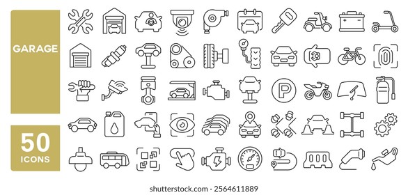 Set of 50 line icons related to garage, car, service, parking, auto, repair, maintenance, motor, wheel, automotive, Editable stroke. Vector illustration