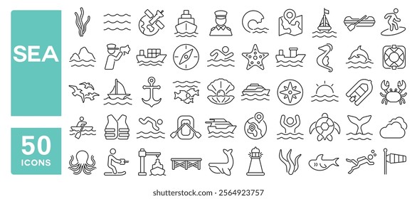 Set of 50 line icons related to sea, creatures, ship, sail, ocean, boat, water, activity, vacation, wave, compass, captain, ocean, Editable stroke. Vector illustration