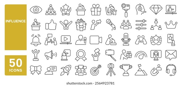 Set of 50 line icons related to influence, influencer, content, community, lead, marketing, media, promotion, audience, Editable stroke. Vector illustration