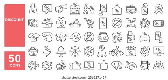 Set of 50 line icons related to discount, percent, code, cut, shopping, coupon, gift, price, bounce, retail, decrease, Editable stroke. Vector illustration