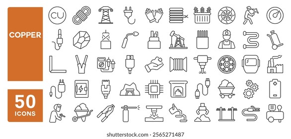 Set of 50 line icons related to copper, wire, cable, metal, industry, conductor, fiber, circuit, cord, Editable stroke. Vector illustration