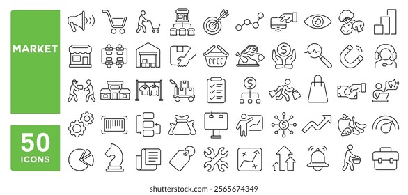 Set of 50 line icons related to market, store, shop, profit, marketing, retail, food, management, sell, plan, Editable stroke. Vector illustration