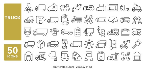 Set of 50 line icons related to truck, van, vehicle, cargo, moving, shipment, logistic, delivery, distribution, lorry, Editable stroke. Vector illustration