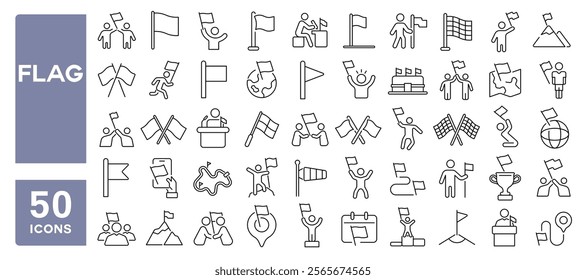 Set of 50 line icons related to flag, win, achievement, finish, location, glory, success, event, waving, pennant, Editable stroke. Vector illustration