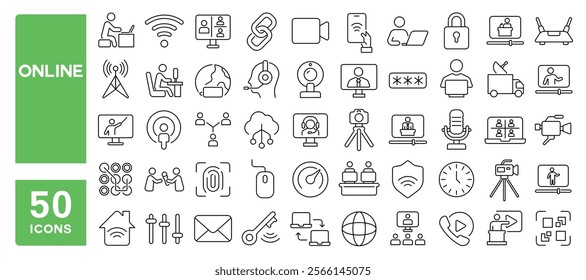 Set of 50 line icons related to online, video, camera, network, work, contact, meeting, pay, hosting, digital, stream, live, Editable stroke. Vector illustration