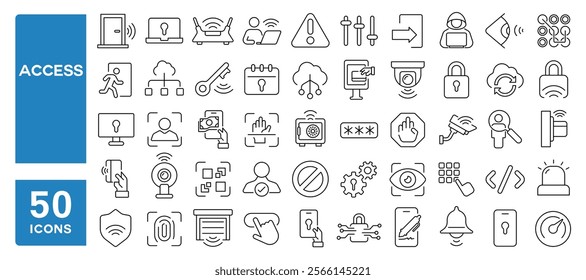 Set of 50 line icons related to access, security, password, user, check, login, private, data, protection, Editable stroke. Vector illustration