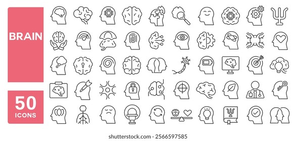 Set of 50 line icons related to brain, mental, mind, head, intelligence, think, psychology, conscious, nerve, target, mindset, Editable stroke. Vector illustration