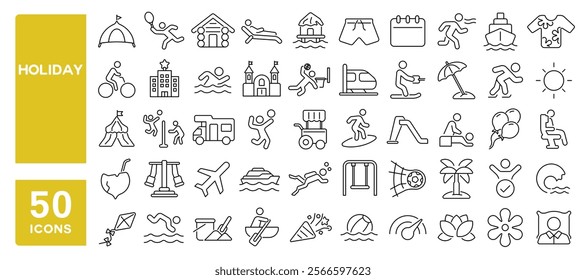 Set of 50 line icons related to holiday, vacation, travel, beach, play, fun, leisure, summer, activity, trip, Editable stroke. Vector illustration