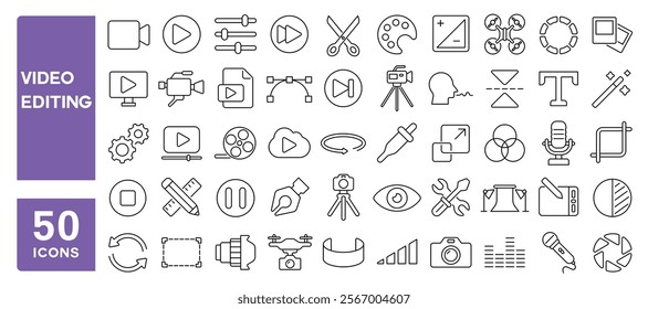 Set of 50 line icons related to video editing, motion, design, videography, production, creation, edit, record, slides, view, Editable stroke. Vector illustration