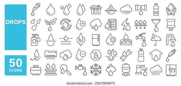 Set of 50 line icons related to drops, droplet, rain, water, pour, liquid, faucet, bottle, moisture, Editable stroke. Vector illustration