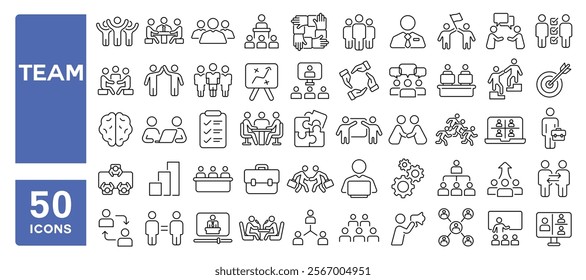 Set of 50 line icons related to team, business, work, partnership, together, people, employees, meeting, group, Editable stroke. Vector illustration