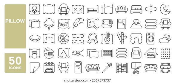 Set of 50 line icons related to pillow, cushion, bed, topper, blanket, fabric, duvet, sleep, cotton, filler, Editable stroke. Vector illustration