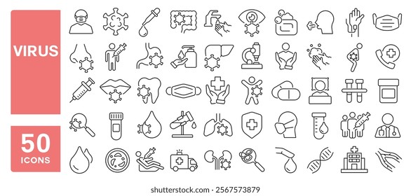 Set of 50 line icons related to virus, flu, contagion, disease, infection, fever, antibody, vaccine, germ, Editable stroke. Vector illustration