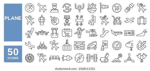 Set of 50 line icons related to plane, transport, airport, airplane, aircraft, parts, shipment, journey, takeoff, landing, flight, Editable stroke. Vector illustration