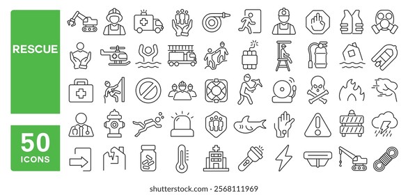 Set of 50 line icons related to rescue, emergency, protection, danger, flood, firefighting, siren, team, survival, helicopter, ambulance, paramedic, Editable stroke. Vector illustration