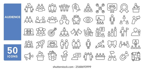 Set of 50 line icons related to audience, crowd, people, group, team, presentation, members, followers, corporate, community, Editable stroke. Vector illustration