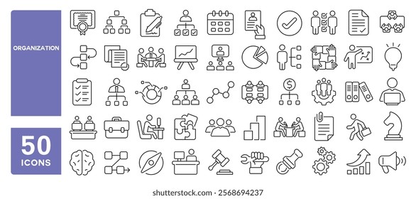 Set of 50 line icons related to organization, management, work, team, company, leadership, structure, plan, project, employment, hierarchy, Editable stroke. Vector illustration