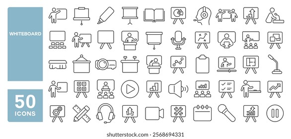 Set of 50 line icons related to whiteboard, board, clipboard, analysis, report, statistics, presentation, marker, projector, diagram, monitor, Editable stroke. Vector illustration