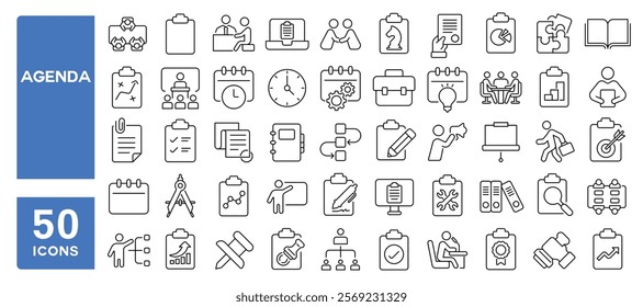 Set of 50 line icons related to agenda, schedule, meeting, business, statistics, plan, task, calendar, clipboard, Editable stroke. Vector illustration