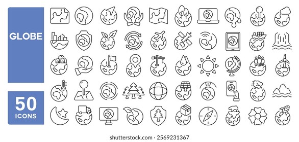 Set of 50 line icons related to globe, world, earth, map, geography, sphere, navigation, planet, global, Editable stroke. Vector illustration