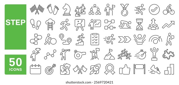 Set of 50 line icons related to step, walk, run, footprint, climb, foot, flow, timeline, plan, toward, up, success, arrive, stair, Editable stroke. Vector illustration