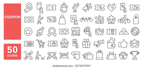 Set of 50 line icons related to coupon, ticket, discount, offer, shop, bonus, benefit, loyalty, gift, present, exclusive, Editable stroke. Vector illustration