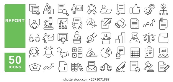 Set of 50 line icons related to report, analysis, checklist, document, paper, clipboard, sheet, chart, survey, application, archive, Editable stroke. Vector illustration