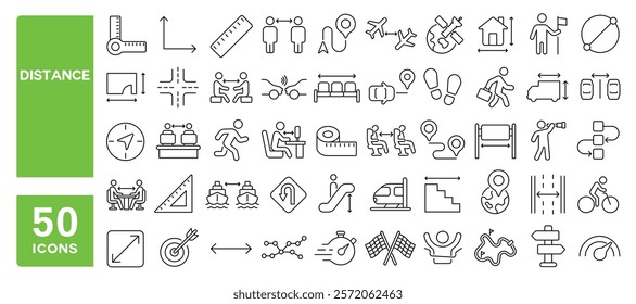 Set of 50 line icons related to distance, measure, space, location, track, ruler, length, map, walk, area, Editable stroke. Vector illustration